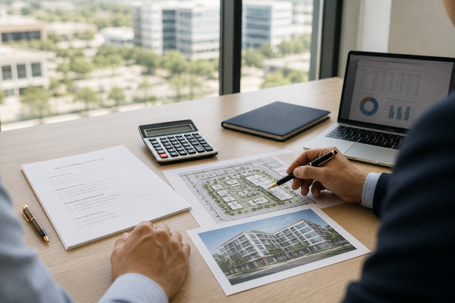 Advisor and client reviewing a property plan and tax planning checklist
